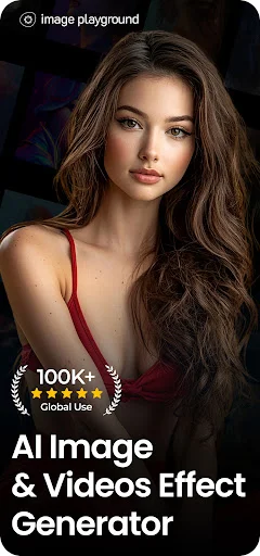 AI image and video effects generator app home showing portrait with 100K+ global users and effect capabilities