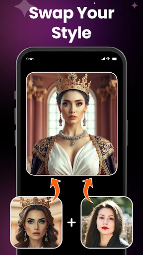 Mobile Swap Your Style feature showing face transformation between queen portrait and style variations