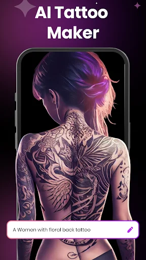 Mobile AI Tattoo Maker showing full back tattoo design with floral pattern and customizable text input