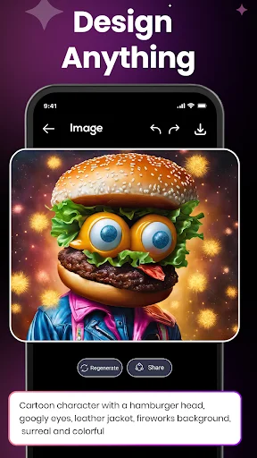 Mobile Design Anything tool creating whimsical AI cartoon burger character with creative colorful effects