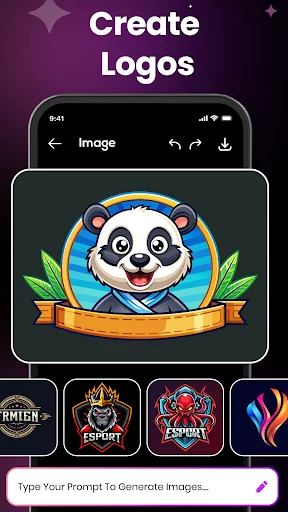 Mobile Create Logos showing cute panda logo design, text prompt field, and brand logo examples