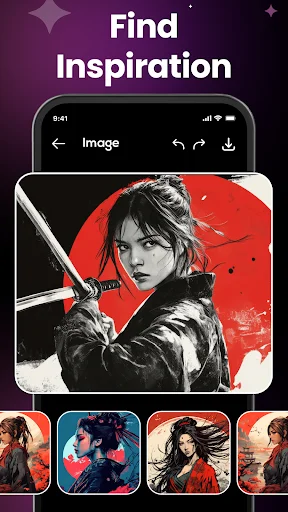 Mobile Find Inspiration gallery with artistic portrait and collection of curated AI image variations