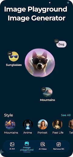 Image generator with style selection options including sunglasses, dog, mountains, anime, portrait, and past life