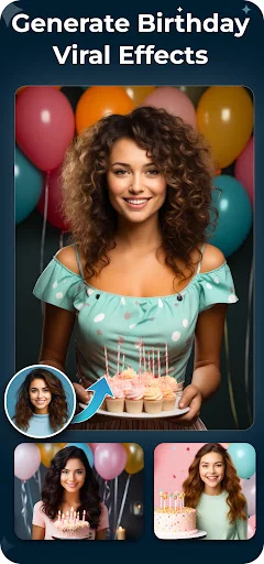 Birthday viral effects generator adding birthday balloons and cake effects to create celebration video content