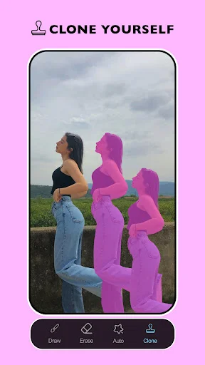 Clone Yourself feature: Woman in field creating multiple AI-generated clones using duplicate self photo editing tool