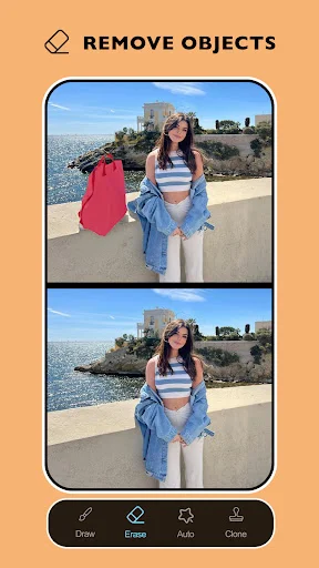 Remove It object removal feature showing before-after comparison of unwanted item removed from coastal photo using AI