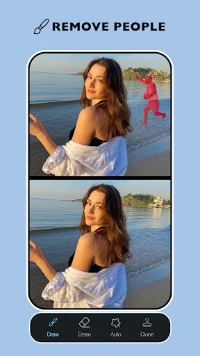 AI object remover - Remove People: Beach before-after showing unwanted person removal using draw, eraser, auto, clone tools