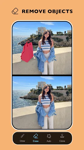Remove Objects with AI: Beach before-after showing unwanted clothing removal using draw, eraser, auto, clone editing tools
