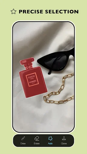 Precise Selection tool: Photo showing dotted outline selection on red perfume for accurate object removal and editing