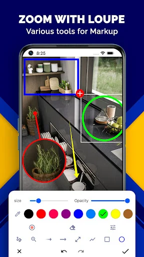 Snap Markup zoom loupe tool for photo annotation with colored circles and markup tools on kitchen image