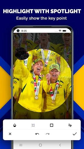 Spotlight highlight tool in photo markup app showing yellow circular focus on group photo