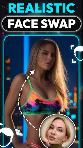 Swapy face swap app showing realistic photo face replacement with dotted outline and source face in circle