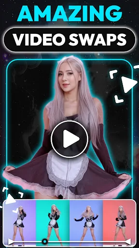 Swapy app video face swap feature with play button and thumbnail previews showing different background options