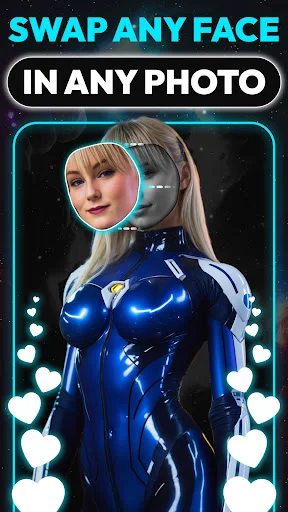 Swapy face swap interface showing face replacement in superhero costume photo with circular selection tool