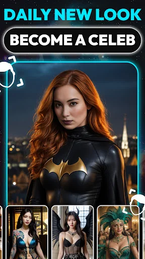 Swapy app daily celebrity look feature showing superhero costume transformation with thumbnail gallery