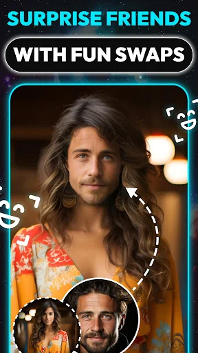 Swapy fun face swap showing gender swap transformation with source photo in circle and arrow indicator