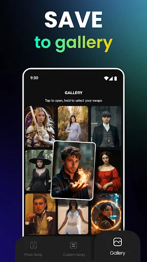 Swapy gallery interface showing saved and edited face swap results with various filters and effects, accessible via Gallery navigation tab
