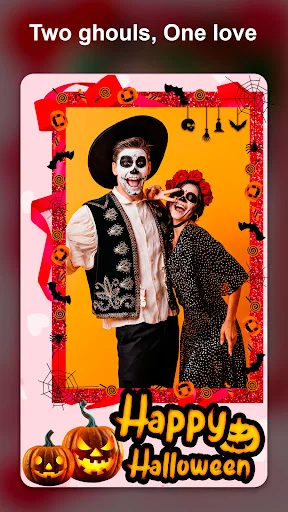 Halloween photo frame with couple in costume, pumpkins, and Happy Halloween text in photo editor app