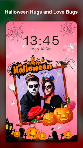 Halloween-themed photo frame with couple, pumpkins, clock widget display on mobile lockscreen design