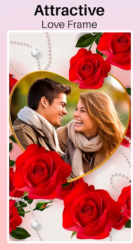 Romantic photo frame with red roses, pearls, and couple photo in heart-shaped gold border design