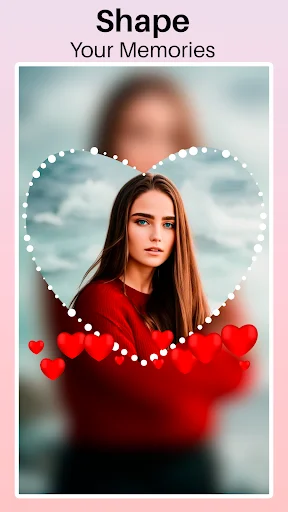 Heart-shaped photo frame with woman portrait and red roses blur effect in photo editor app