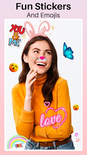 Photo editor stickers and emojis with bunny ears, butterfly, love text overlays on woman portrait
