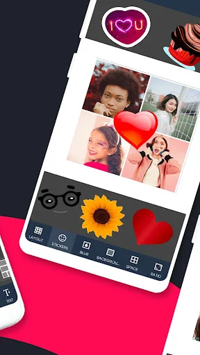 Photo collage maker app showing grid layout with multiple photos, stickers, and editing toolbar