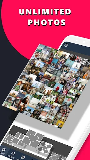 Unlimited photos collage grid displaying dozens of images in a customizable template layout