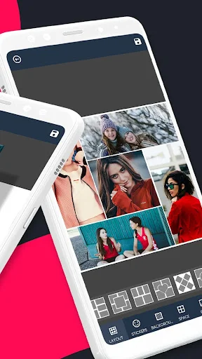Photo collage editor interface with multiple images arranged in creative grid pattern and layout options
