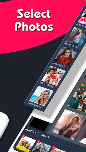 Photo selection screen in collage maker showing selected images grid with next button