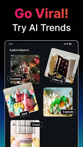 Desktop display of viral AI video effect trends including Cake-ify, Crumble, Explode effects