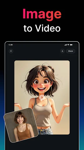Desktop image to video converter showing portrait photo transformation to animated AI video