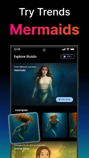 Clips AI Mermaids trend exploration showing Explore Studio mermaid character video generation with example thumbnails