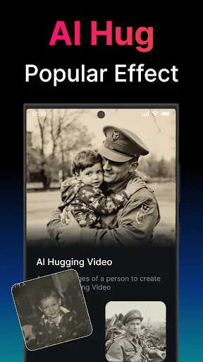 AI Hug popular effect interface with nostalgic AI hugging video example and multiple reference photo samples
