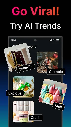 Go Viral AI trends featuring multiple viral effects including Cake-ify, Crumble, Explode, Melt, and Crush options
