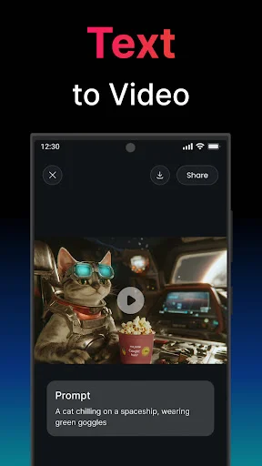 Text to Video prompt input screen showing creative spaceship cat example with AI video generation capability