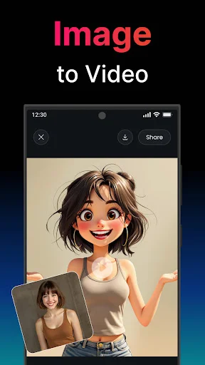 Image to Video transformation interface converting portrait image into animated AI character video