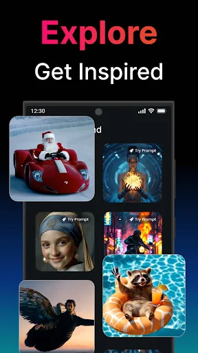 Explore gallery screen with Try Prompt buttons showcasing inspiration from AI-generated video examples