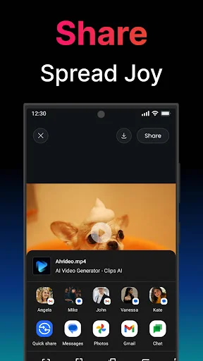 Share generated video screen with cute dog video and social media sharing options including Quick share and messaging apps