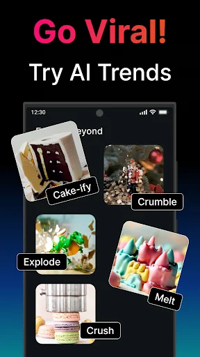 Viral AI video effects showcase displaying Cake-ify, Crumble, Explode, Melt, and Crush trends