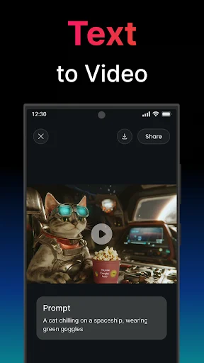 Text to video creation with AI-generated video of space cat from text prompt description
