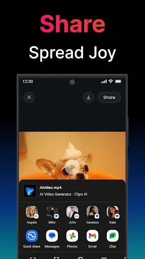 Video sharing interface displaying social media integration for sharing generated AI videos