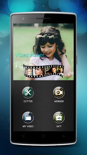 Video Maker app home screen displaying main menu with Cutter, Merger, My Video, and Gift editing options