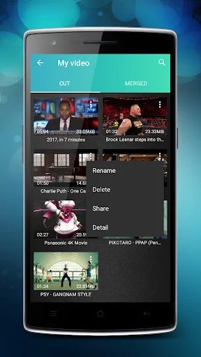 Video context menu with options to rename, delete, share, or view detail information of videos