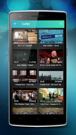Cutter feature showing available videos to trim with file sizes, durations, and video thumbnails listed