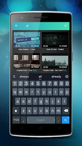 Video search and filter interface with keyboard showing search results for filtering video files by name