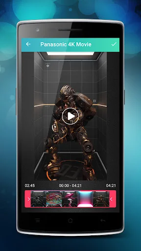 Video trimming editor showing timeline with handles, play button, and frame thumbnails for cutting segments