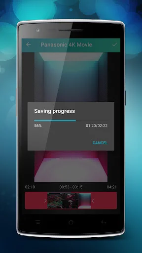 Video saving progress indicator showing processing status with percentage completion and time remaining