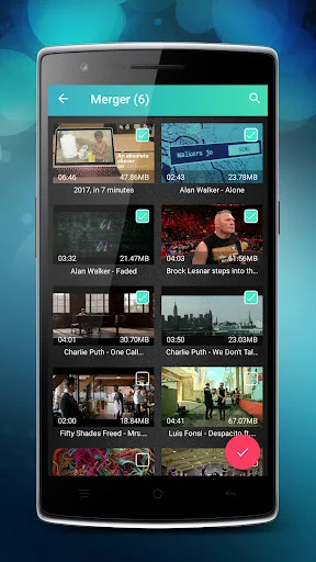 Merger feature showing multiple selected videos marked with checkmarks ready to combine and join