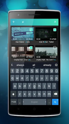 Merger search results displaying selected videos with checkmarks for merging multiple files together